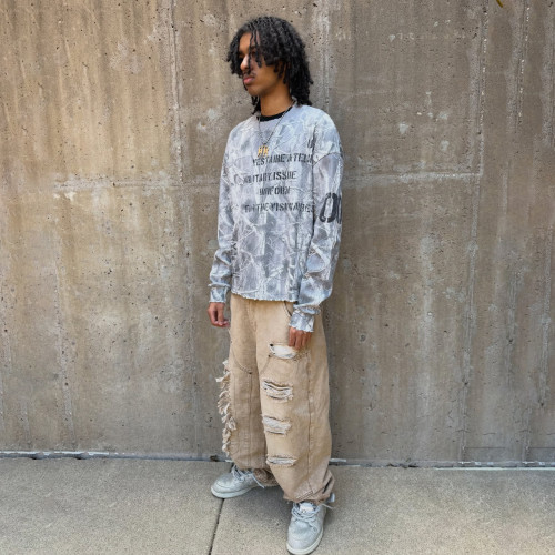Custom Clothing Manufacturer Camouflage Printing Distressing Raw T-shirt