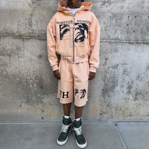 Custom Clothing Manufacturer Printing Distressing Raw Hoodie Set