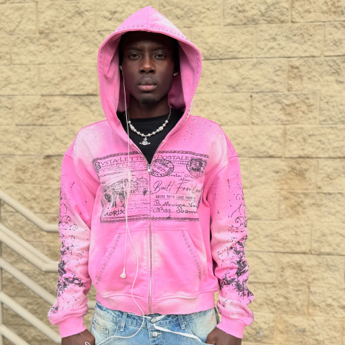 Custom Clothing Manufacturer Acid-Wash Distressed Zip-Up Hoodies