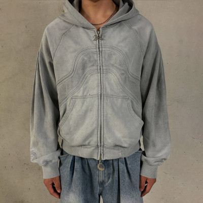 Custom Clothing Manufacturer Washed Arc Panel Zip Up Hoodie