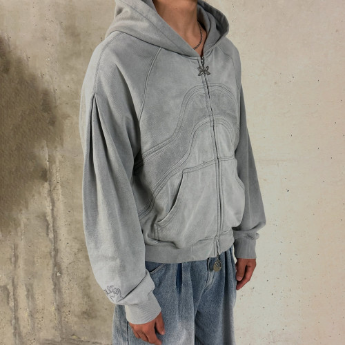 Custom Clothing Manufacturer Washed Arc Panel Zip Up Hoodie