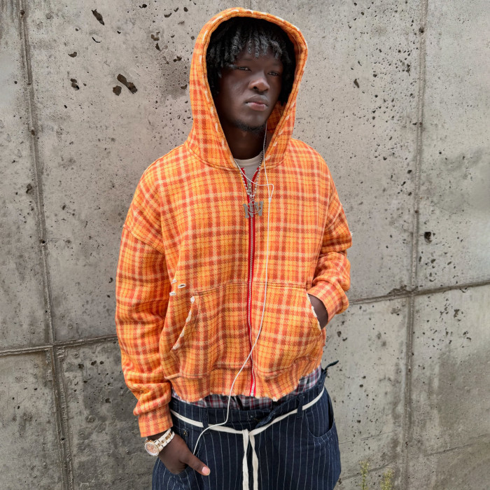 Custom Clothing Manufacturer Distressed Raw Hem Flannel Hoodie