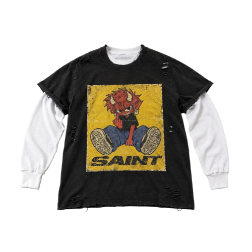 Custom Clothing Manufacturer Acid-Wash Distressed Faux Two-Piece T-Shirt
