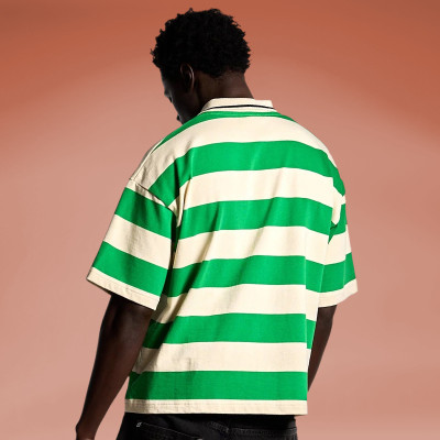 Custom High Quality T-shirts | Lapel Striped Patchwork | Oversized Streetwear Manufacturer