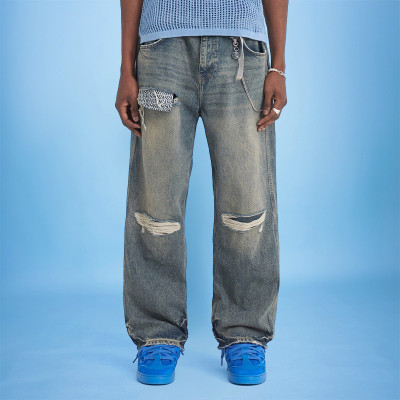 Custom Men's Ripped Jeans | Wash Patch Vintage Denim | Streetwear Pants Supplier