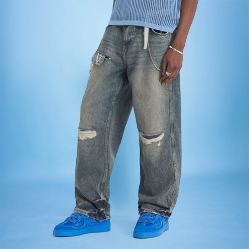 Custom Men's Ripped Jeans | Wash Patch Vintage Denim | Streetwear Pants Supplier