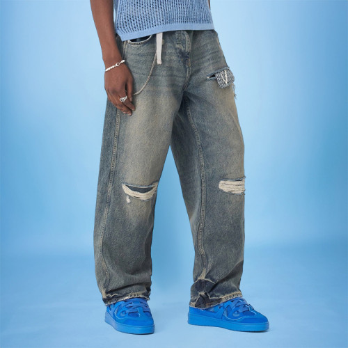 Custom Men's Ripped Jeans | Wash Patch Vintage Denim | Streetwear Pants Supplier
