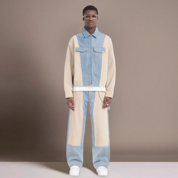 Custom High Quality Tracksuit | Denim patchwork fashion Sweatsuit | Men's Two Piece Set