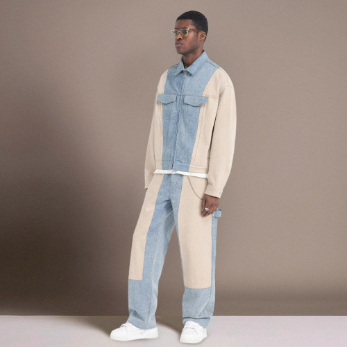 Custom High Quality Tracksuit | Denim patchwork fashion Sweatsuit | Men's Two Piece Set