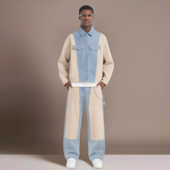Custom High Quality Tracksuit | Denim patchwork fashion Sweatsuit | Men's Two Piece Set