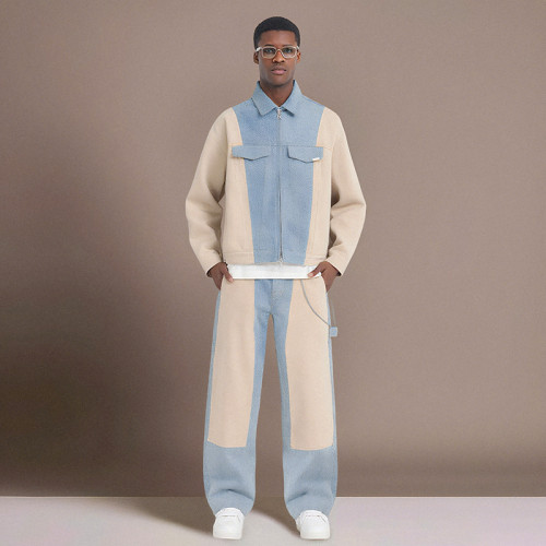 Custom High Quality Tracksuit | Denim patchwork fashion Sweatsuit | Men's Two Piece Set