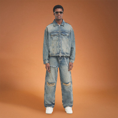 Custom Men's Washed Denim Tracksuits | Vintage Hole Patch | Cotton Denim Jacket Streetwear