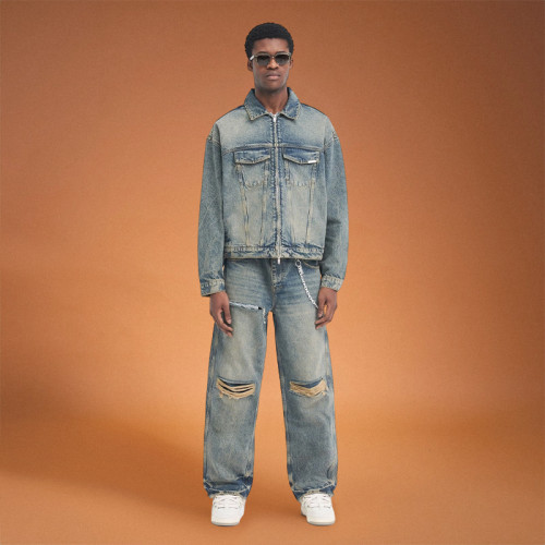 Custom Men's Washed Denim Tracksuits | Vintage Hole Patch | Cotton Denim Jacket Streetwear