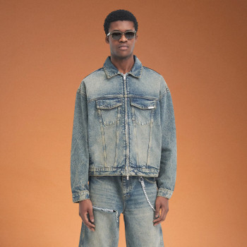 Custom Men's Washed Denim Tracksuits | Vintage Hole Patch | Cotton Denim Jacket Streetwear