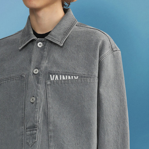 Custom Fashion Casual Denim Shirt | Vintage Wash Long Sleeve Shirt | Simple Streetwear