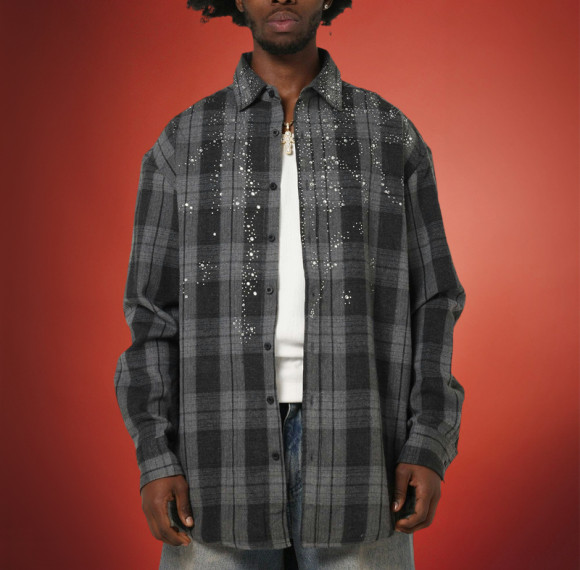 Custom Rhinestone Acid Washed Shirt | 100% Cotton Button-down Shirt | Vintage Streetwear