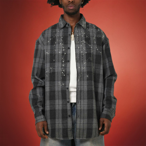 Custom Rhinestone Acid Washed Shirt | 100% Cotton Button-down Shirt | Vintage Streetwear