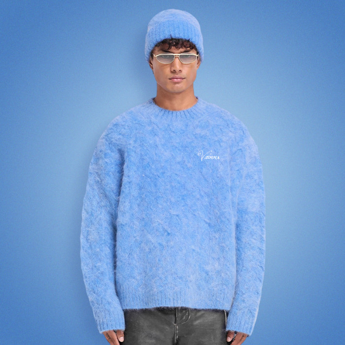 Custom Mohair Sweater | Long Sleeve Crew Neck Threaded Plush Sweater | Men's Knitted Sweater
