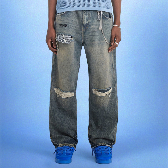 Custom Men's Ripped Jeans | Wash Patch Vintage Denim | Streetwear Pants Supplier