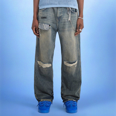Custom Men's Ripped Jeans | Wash Patch Vintage Denim | Streetwear Pants Supplier