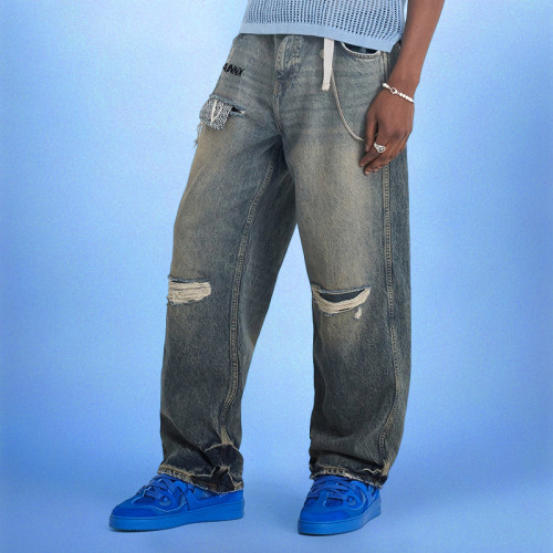 Custom Men's Ripped Jeans | Wash Patch Vintage Denim | Streetwear Pants Supplier