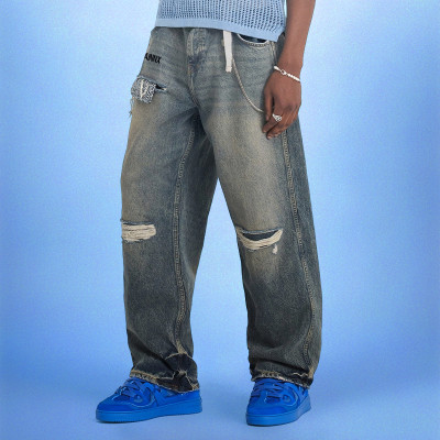 Custom Men's Ripped Jeans | Wash Patch Vintage Denim | Streetwear Pants Supplier