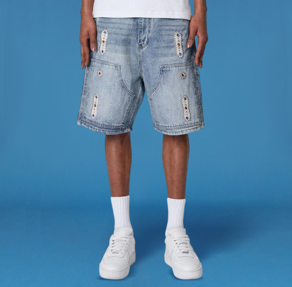 Custom Rhinestone Print Shorts| Men's Sport Jeans Shorts | Acid Wash Vintage Streetwear
