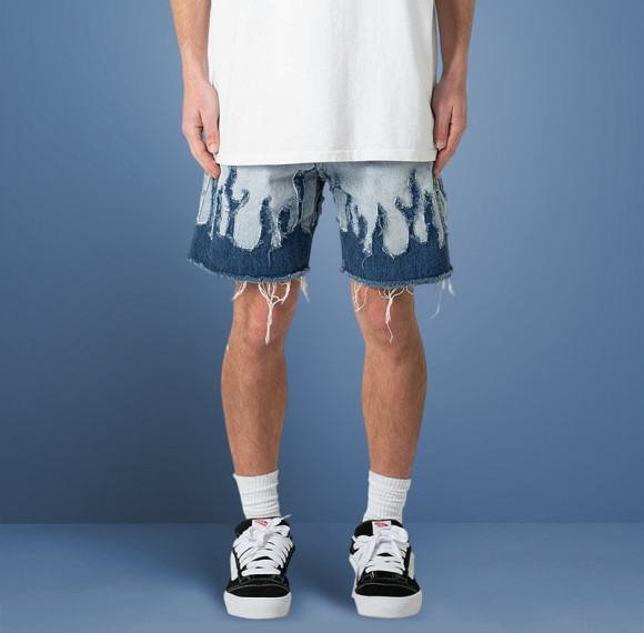 Custom Casual Slim Fit Denim Shorts | Cut Sew Raw Hem | Distressed Applique Embroidery Shorts