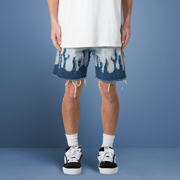 Custom Casual Slim Fit Denim Shorts | Cut Sew Raw Hem | Distressed Applique Embroidery Shorts