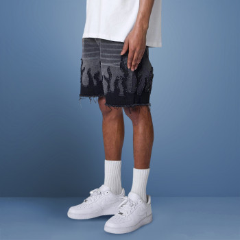 Custom Casual Slim Fit Denim Shorts | Cut Sew Raw Hem | Distressed Applique Embroidery Shorts