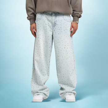 Custom Full Rhinestones Wide Leg Jeans | Washable Sequin Bling | Casual Straight Pants