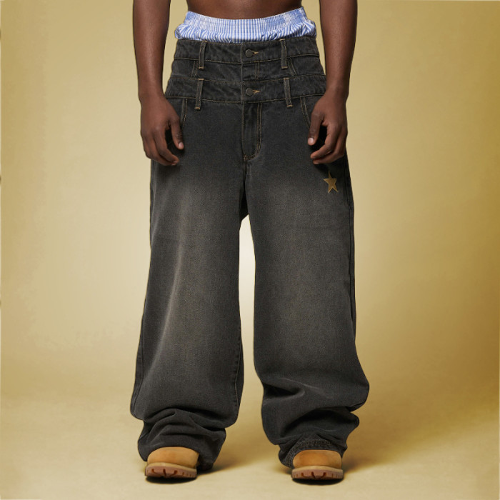 Custom High Waist Baggy Jeans | Casual Wide Leg Straight Pants | Vintage Wash Jeans