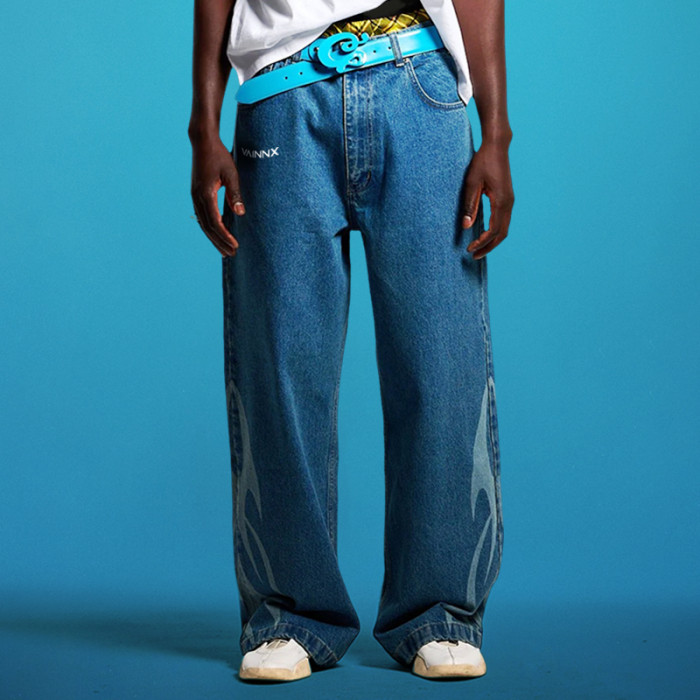 Custom Designer Washed Jeans | Flame Embroidery Flare Pants| Streetwear Trouses Factory