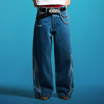 Custom Designer Washed Jeans | Flame Embroidery Flare Pants| Streetwear Trouses Factory