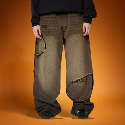 Custom Wash Gradient Jeans | High Waist Vintage Baggy Stacked Trouses | Men's Oversize Jeans