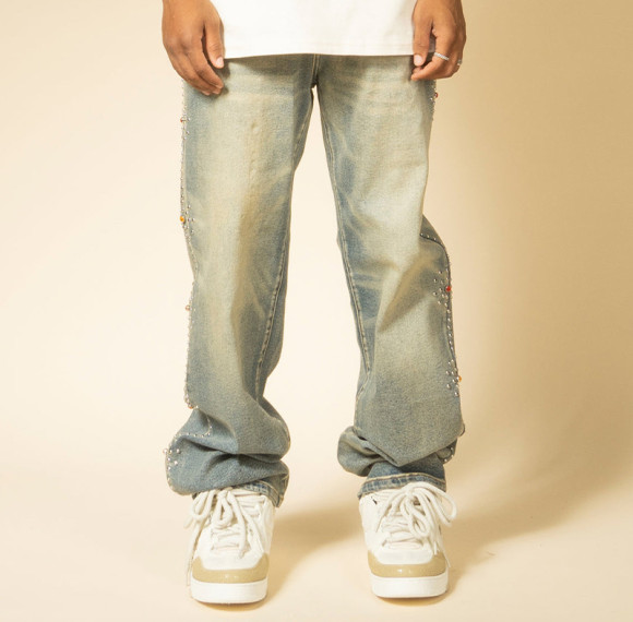 Custom Men's Vintage Straight Jeans | Acid Wash Distressed Rhinestone Trouses | Pants Manufacturer