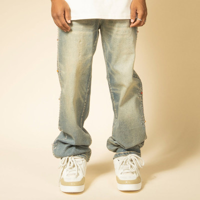 Custom Men's Vintage Straight Jeans | Acid Wash Distressed Rhinestone Trouses | Pants Manufacturer