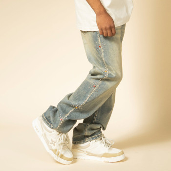 Custom Men's Vintage Straight Jeans | Acid Wash Distressed Rhinestone Trouses | Pants Manufacturer
