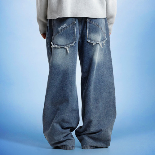 Custom Vintages Rivet Jeans | Distressed Back Pockets Oversize Denim Pants | Jeans Factory