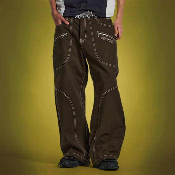 Custom Embroidery Graphics Pants | Baggy Zipper Pocket Wide Leg Flared Pants | Streetwear Factory