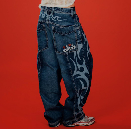 Custom High Waists Breathable Jeans | Screen Print Baggy Trouses | Fashion Pants Supplier