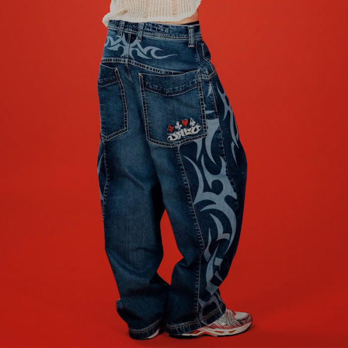 Custom High Waists Breathable Jeans | Screen Print Baggy Trouses | Fashion Pants Supplier