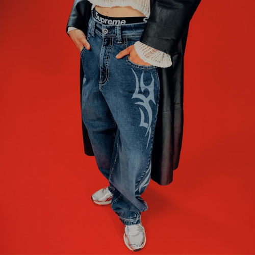 Custom High Waists Breathable Jeans | Screen Print Baggy Trouses | Fashion Pants Supplier