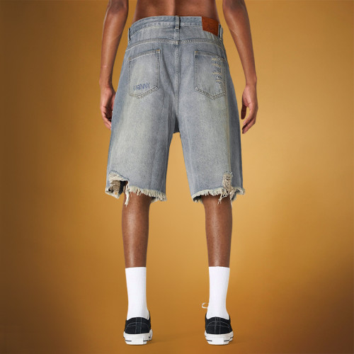 Custom Rhinestone Embroidered Logo Shorts | Men's Knee Length Distressed Denim Shorts