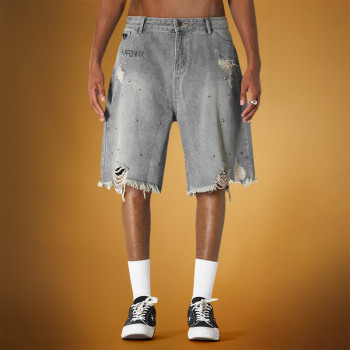 Custom Rhinestone Embroidered Logo Shorts | Men's Knee Length Distressed Denim Shorts