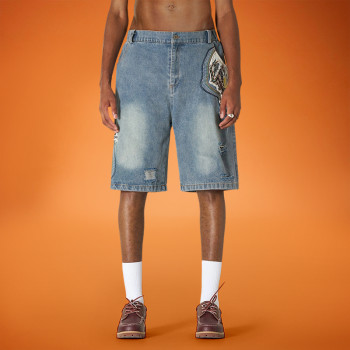 Custom Men's Summer Denim Shorts | Luxury Wide Leg Distressed Vintage Embroidery | Fashion Supplier