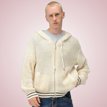 Custom Knitted Mesh Sweater | Wool Embroidered Logo Sweater | Drawstring Hooded Sweater