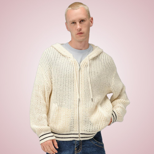 Custom Knitted Mesh Sweater | Wool Embroidered Logo Sweater | Drawstring Hooded Sweater