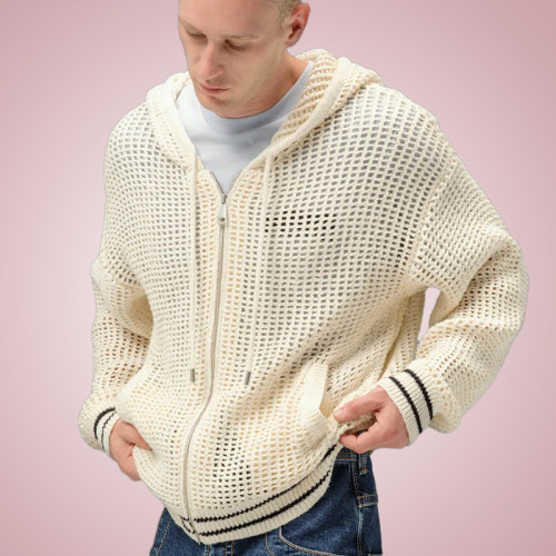 Custom Knitted Mesh Sweater | Wool Embroidered Logo Sweater | Drawstring Hooded Sweater