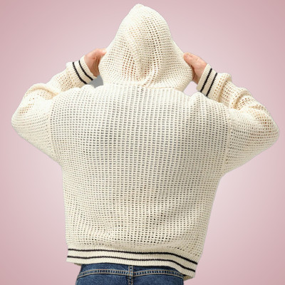 Custom Knitted Mesh Sweater | Wool Embroidered Logo Sweater | Drawstring Hooded Sweater